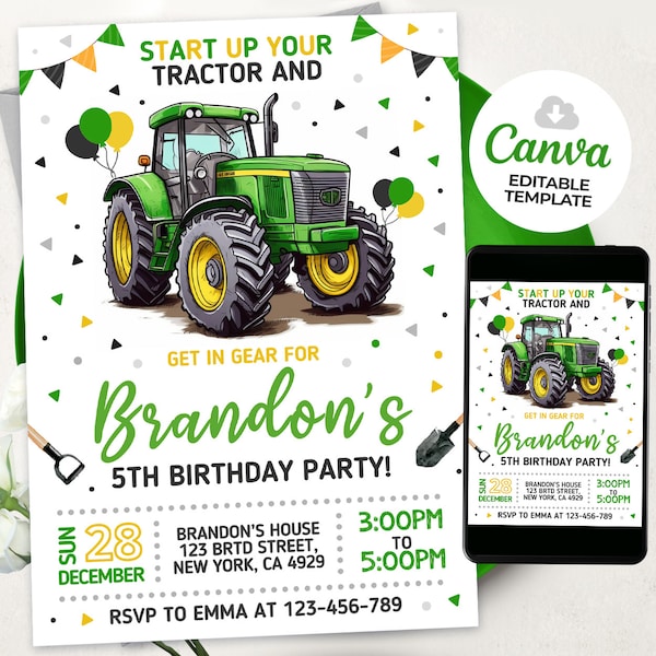 Invitación de tractor, invitación de cumpleaños de tractor verde, invitaciones de cumpleaños de tractor, BS2401