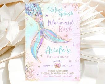 Invito di compleanno a tema sirena, Invito per una festa di compleanno a tema sirena sotto il mare, Inviti a tema sirena BP1662
