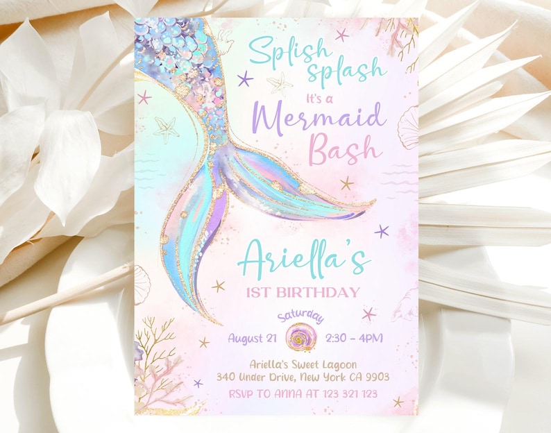 Meerjungfrau-Geburtstagseinladung, Mermaid Bash unter dem Meer-Geburtstag einladen, Meerjungfrau lädt ein, bearbeitbares Canva BS2402 Bild 2