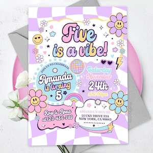 May include: A colorful invitation with the text "Five is a vibe!" features a checkerboard background in lavender and white. The invitation includes details for Amanda's 5th birthday party, with a rainbow, flowers, and a disco ball.