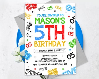 5Th Birthday Invitation, Boy Birthday Invitation, Number Birthday Invitation, Canva Template BS24051