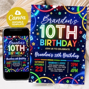 Boy 10Th Birthday Invitation, Bruh Birthday Invitation, Neon, Glow Invitation, Canva Template BS2501
