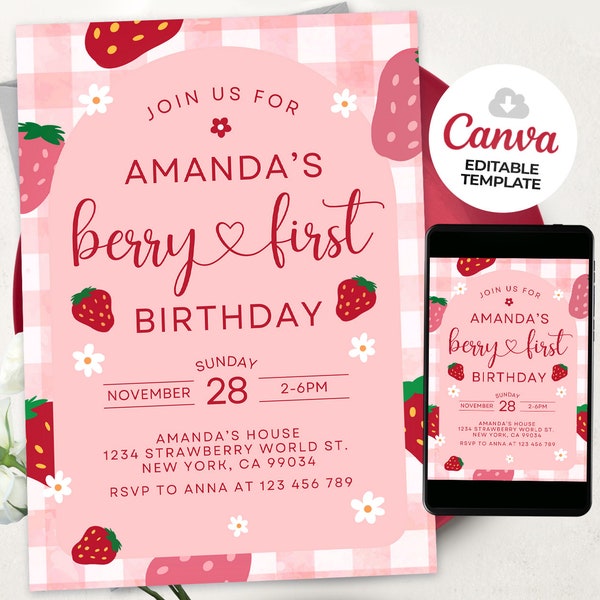 Berry First Birthday Invitation Template, Berry First Birthday Invitation, Gingham Berry First Birthday Invitation, BS240204M