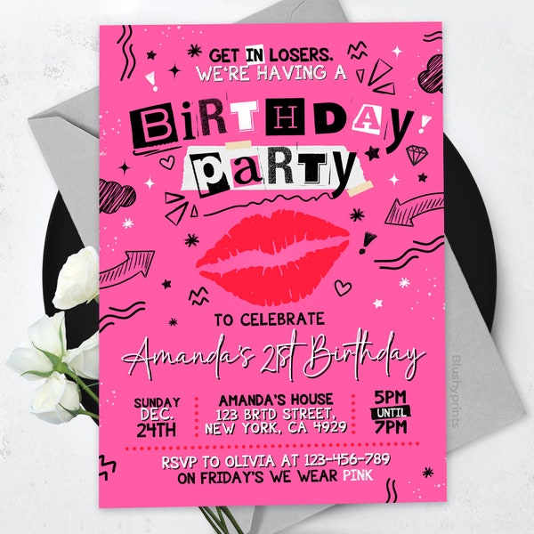 Pink Girls Birthday Invitation, Girls invitation, Girl Birthday party, Girl pink party, Mean, BS2401