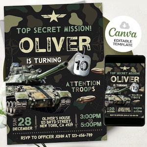 Military Party Invitations, Army Birthday Invitation, Soldier Birthday Invitation, Military Invite, Editable Canva Template BS2401
