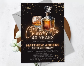 Puede incluir: Una invitación negra con detalles de purpurina dorada. La invitación dice "Cheers to 40 Years" con un efecto de brillo de neón. La invitación es para la fiesta de cumpleaños número 40 de Matthew Anders. La fiesta es el domingo 24 de enero a las 3:00 PM en el Hotel Serena's. La dirección es 3977 Lucky Street Dr., Los Ángeles, CA, 90003. RSVP a Emily al 900-900-900.