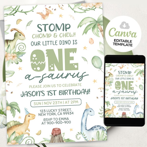 Dinosaur First Birthday Invitation, EDITABLE One-A-Saurus Party Invite, Boy 1st Birthday, BS2401