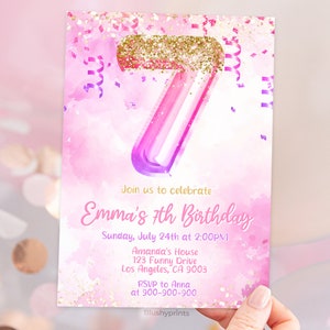 Faire-part 7e anniversaire fille, invitation anniversaire paillettes roses, nombre ballon d'invitation, modèle modifiable toile BS2401