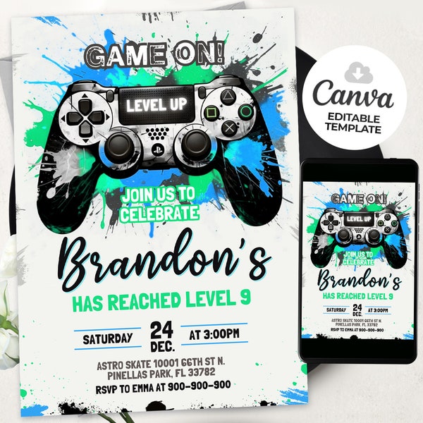 Video Game Party Invitation, Level Up Birthday Invite, Video Gamer Boy Template Arcade Party Invitation, BS2402