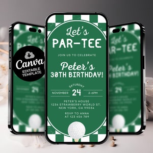Golf-Geburtstags-Texteinladung, Let's Par-Tee Geburtstag einladen, Golf-Geburtstagsfeier, Canva bearbeitbare Vorlage 0104 M