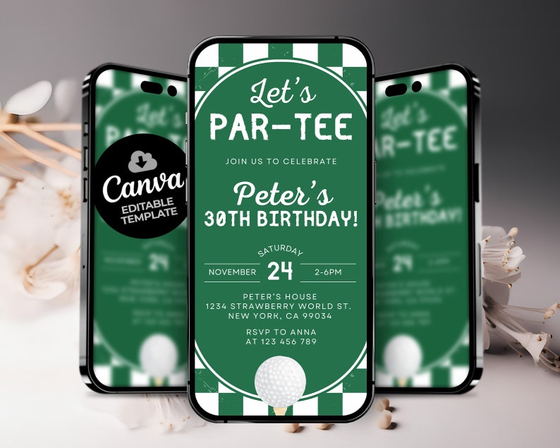 Op de afbeelding: Een groene en witte golf-thema verjaardagsuitnodiging met de tekst "Let's Par-Tee" en "Peter's 30th Birthday!" De uitnodiging bevat de datum, tijd en locatie van het feest.