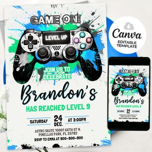 Videospiel Party Einladung, Level Up Geburtstag einladen, Videospieler Junge Vorlage Arcade Party Einladung, BS2402