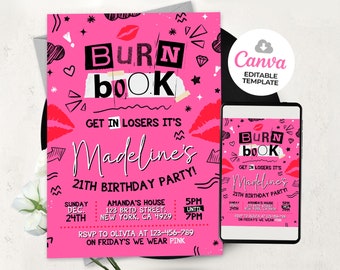 Pink Girls Birthday Invitation, Girls invitation, Girl Birthday party, Girl pink party, Burn Book, BS2401