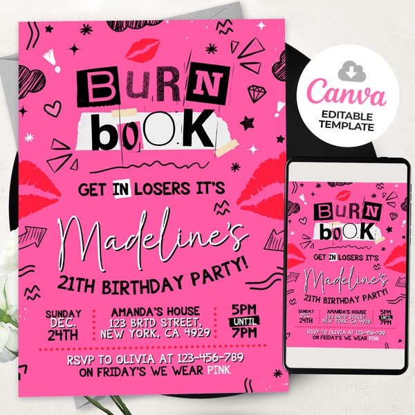 Pink Girls Birthday Invitation, Girls invitation, Girl Birthday party, Girl pink party, Burn Book, BS2401