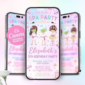 Invito per festa alla spa tramite testo, invito per compleanno alla spa, modello di invito elettronico per festa glamour per adolescenti, modello modificabile Canva 0103 M
