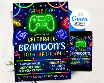 Video Game Party Invitation, Level Up Birthday Invite, Video Gamer Boy Template Arcade Party Invitation, BS2404M