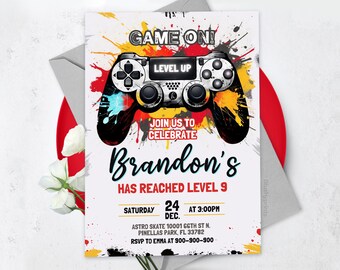 Video Game Party Invitation, Level Up Birthday Invite, Video Gamer Boy Template Arcade Party Invitation, BS2401