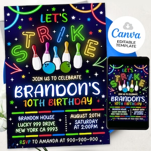 Bowling Birthday Invitation, Let&#39;s Strike, Kids Bowling Invitation, Bowling Neon Birthday Invites, BS2401