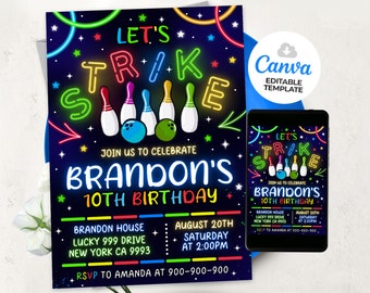 Bowling Birthday Invitation, Let's Strike, Kids Bowling Invitation, Bowling Neon Birthday Invites, BS2401