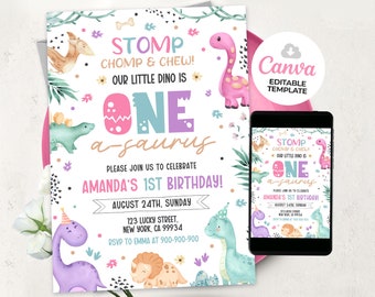 Dinosaurier-Einladung zum 1. Geburtstag, Mädchen-Dinosaurier-Einladung, Oneasaurus Rex PartyInvite Dino Pink, bearbeitbare Canva-Vorlage BS2401