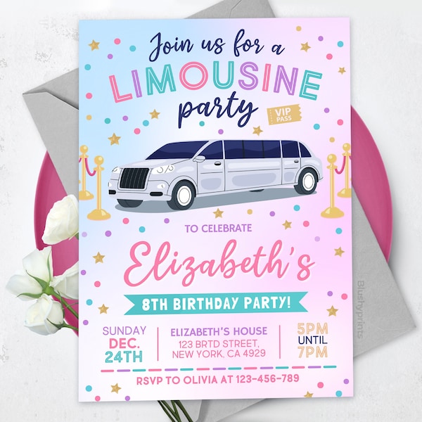 Limousine uitnodiging voor feest, VIP-verjaardagsuitnodiging, Tween Girl Disco nodigt, BS240103M