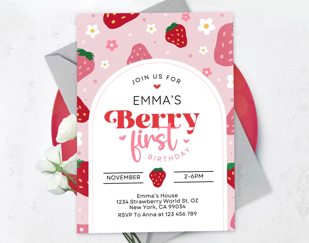Editable Berry First Birthday Invitation Template, Berry First Birthday Editable Berry First Birthday Invitation Template, Berry First Birthday