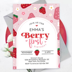 Editable Berry First Birthday Invitation Template, Berry First Birthday Invitation, Berry First Birthday Invitation, BS2401