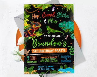 Editable Reptile Birthday Invitation, Jungle Reptiles Invite, BS2402