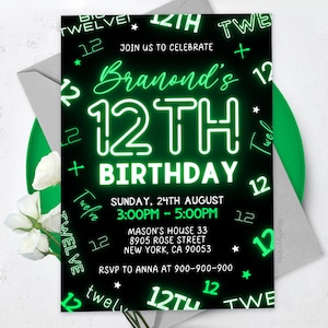 May include: A black and green birthday invitation with neon green text that says "Join us to celebrate Brandon's 12th Birthday". The invitation includes the date, time, and location of the party.