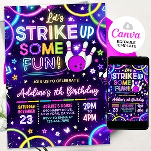 Bowling Birthday Invitation, Let&#39;s strike up some fun bowling party invitation, rainbow neon glow invitation, Canva Editable BS2501