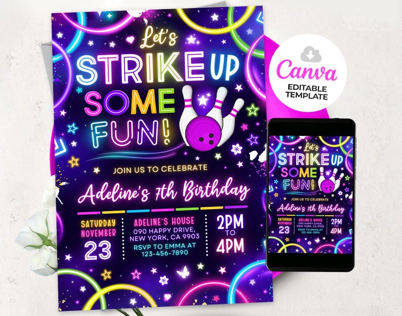 May include: Neon pink, blue, and yellow glow-in-the-dark birthday party invitation with a bowling theme. The invitation says "Let's Strike Up Some Fun!" and includes the text "Adeline's 7th Birthday".