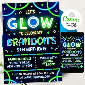 Glow Party Birthday Invitation, Glow Invitation, girl, boy, Neon Party Invite, Neon Lights, Glow Party Template, BS2401