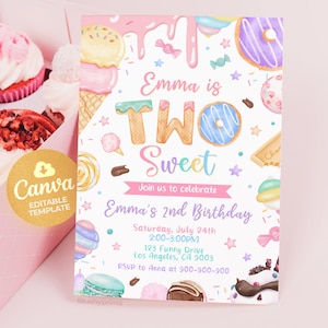 Invitación de cumpleaños para dos niñas, invitación de donut para el segundo cumpleaños, invitación de postre rosa ruborizado para dos años, plantilla editable de Canva BS2401