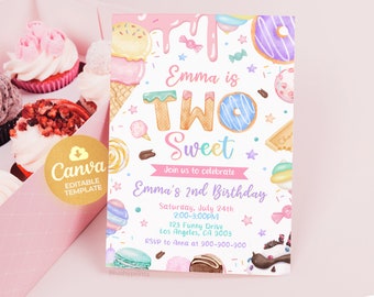 Peut inclure: Une invitation d'anniversaire colorée avec le texte "Emma is TWO Sweet". Le design présente des illustrations à l'aquarelle de cônes de crème glacée, de beignets et de bonbons. L'invitation comprend les détails de l'événement.
