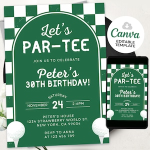 Invitación de cumpleaños de golf, invitación de cumpleaños de Let's Par-Tee, invitación de hombres de golf, plantilla Canva editable BS2401