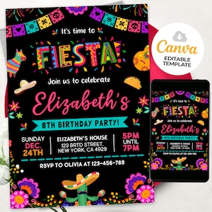 Convite de festa de aniversário de festa editável, convite de festa, convite com tema mexicano, Cinco de Mayo, modelo Canva BS240103M