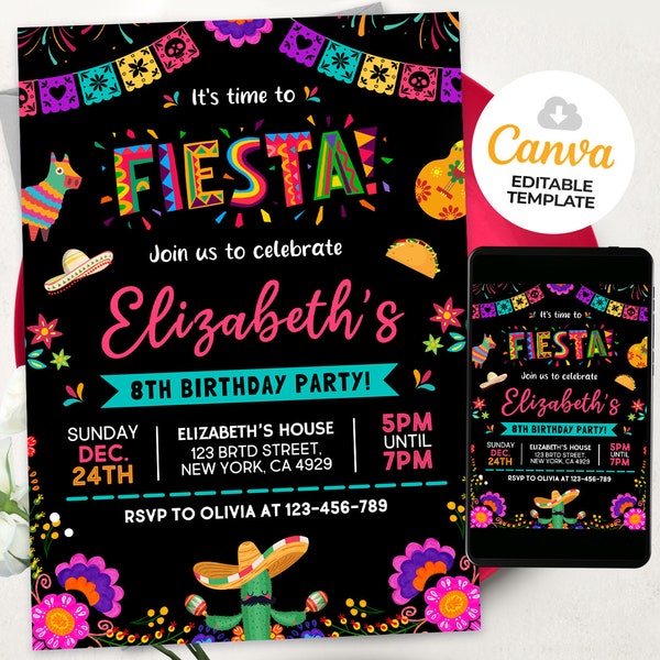 Editable Fiesta Birthday Party Invitation, Fiesta Invitation, Mexican Theme Invitation, Cinco De Mayo, Canva Template BS240103M