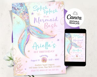 Invitación de cumpleaños de sirena, fiesta de sirena bajo el mar, invitaciones de sirena, Canva editable BS2402