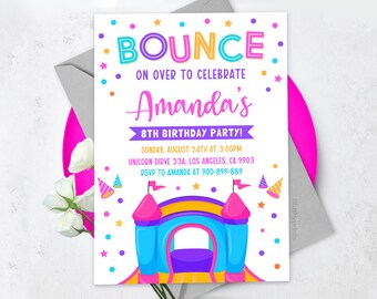 May include: A colorful birthday party invitation with a bouncy house illustration. The invitation says "Bounce On Over To Celebrate Amanda's 8th Birthday Party!" with details for the party, including the date, time, and location.