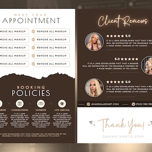 Może przedstawiać: Brązowa i złota wizyt&oacute;wka z tekstem "Meet Your Appointment" i listą usług, w tym "Remove All Makeup". Karta zawiera r&oacute;wnież sekcję "Booking Policies" z informacjami o um&oacute;wieniach, anulowaniach, płatnościach i sp&oacute;źnionych przyjazdach. Na dole karty znajdują się recenzje klient&oacute;w z pięciogwiazdkowymi ocenami i tekst "Thank You!" z adresem strony internetowej.