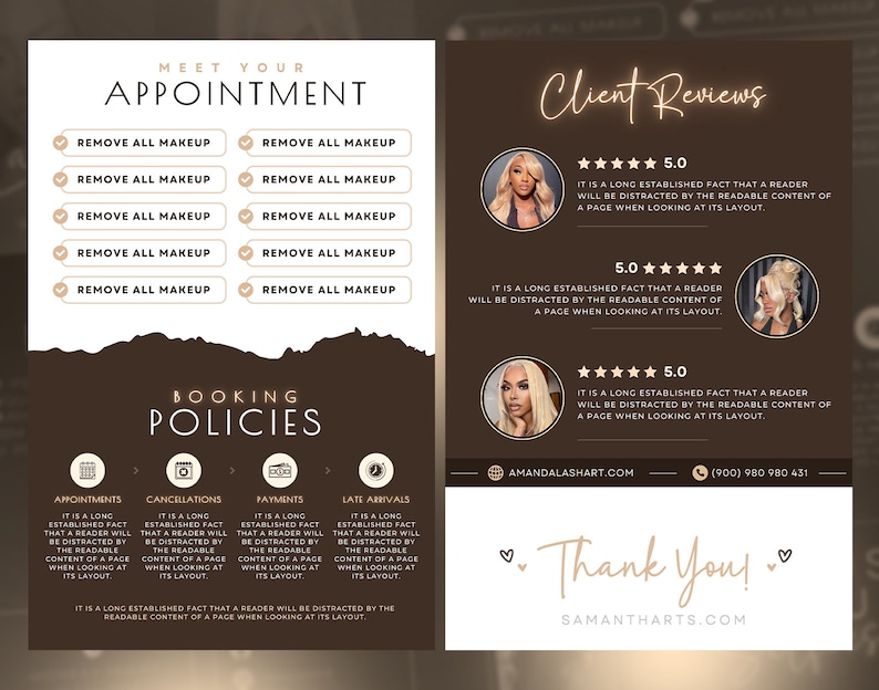 Może przedstawiać: Brązowa i złota wizyt&oacute;wka z tekstem "Meet Your Appointment" i listą usług, w tym "Remove All Makeup". Karta zawiera r&oacute;wnież sekcję "Booking Policies" z informacjami o um&oacute;wieniach, anulowaniach, płatnościach i sp&oacute;źnionych przyjazdach. Na dole karty znajdują się recenzje klient&oacute;w z pięciogwiazdkowymi ocenami i tekst "Thank You!" z adresem strony internetowej.