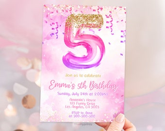 Girl 5th Birthday Invitation, Pink Glitter Birthday Invite, Balloon Number Invite, Canva Editable Template BS2401