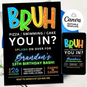 Bruh Birthday Invitation, Bruh Pool Party Invitation, Bruh It&#39;s My Birthday Invite, Pool Party Invitation, BS240801