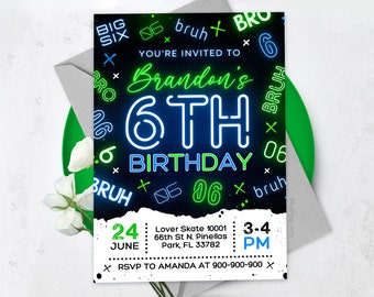 Invitación para el sexto cumpleaños de un niño, invitación de cumpleaños para un hermano, invitación neón con brillo, plantilla Canva BS2401