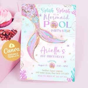 May include: A mermaid-themed birthday party invitation featuring a pink, purple, and gold mermaid tail illustration. The text reads "Splish Splash It's a Mermaid Pool Party Bash! Ariella's 1st Birthday Saturday August 21 2:30-4PM Ariella's Sweet Lagoon 340 Under Drive, New York CA 9903 RSVP to Anna at 123 321 123"