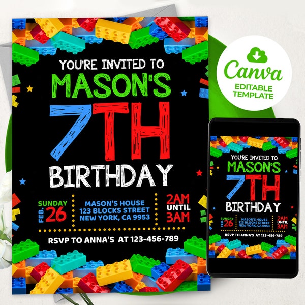 Editable Building Blocks Birthday Invitation, Blocks Invitation, Construction Invitation BS2402