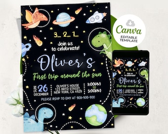 Space Dinosaur Birthday Invitation, EDITABLE Outer Space Party Invitation Template BS2401