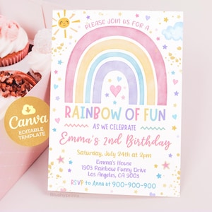 Rainbow Birthday Invitation, Girl Rainbow Party Invites, Rainbow Of Fun Party Invite, Editable Canva Template BS240801