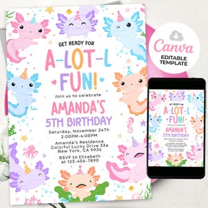 Modello di invito di compleanno Axolotl, invito di compleanno Axolotl, invito di compleanno sottomarino, modello Canva modificabile BS2501
