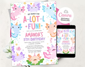 Plantilla de invitación de cumpleaños de axolotl, invitación de cumpleaños de axolotl, invitación de cumpleaños submarina, plantilla editable de Canva BS2501